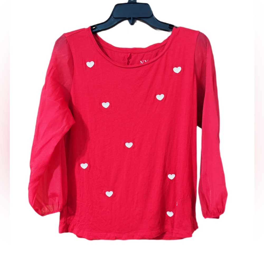 Valentines Edition New York & Co Red Top w/ Heart Accents Sheer Sleeves Size S